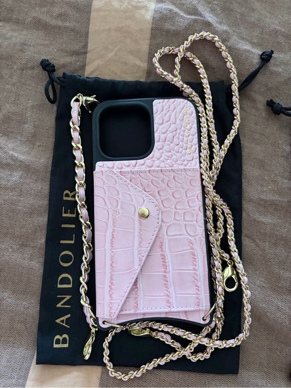 Bandolier Pink Croc Cardholder Crossbody Phone Case with Gold Chain 13 Pro Max